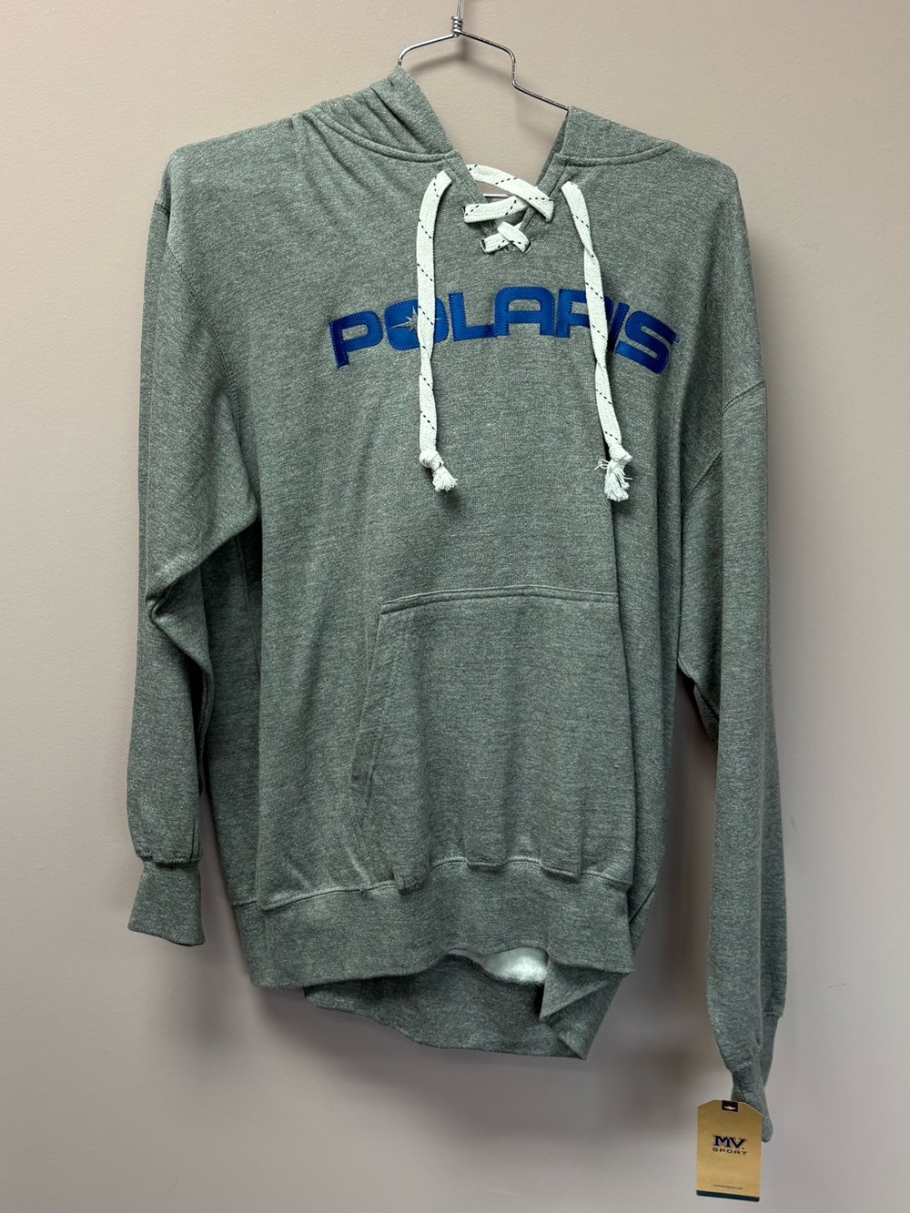 MV Sport Polaris Lace Up Hockey Hoodie Gray Blue Sweatshirt Mens Large NEW